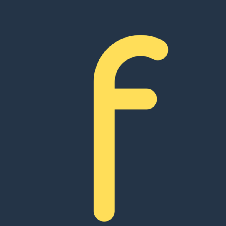 Yellow lowercase 'f' on a dark blue background.